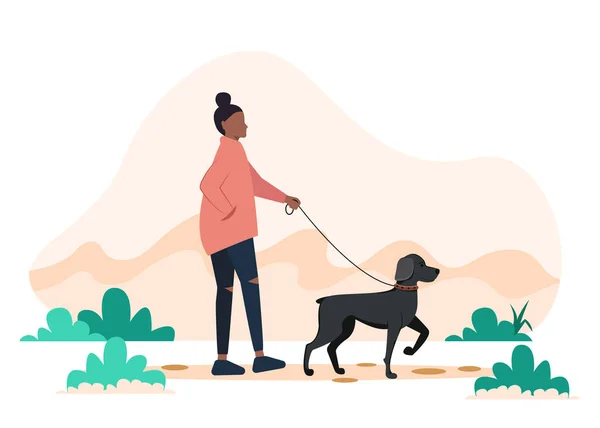 Афроамериканка вигулювала собаку. Векторна ілюстрація у пласкому стилі, ілюстрація для здорового способу життя, спорт, фізичні вправи — стоковий вектор