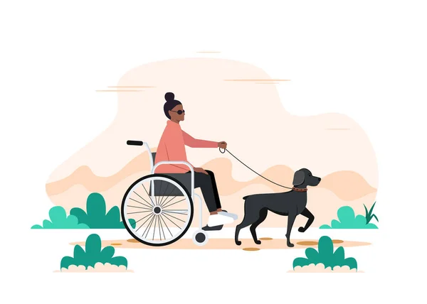 Dog Disabled Black Woman Wheelchair Walking Seeing Eye Dog Vector — Stock Vector