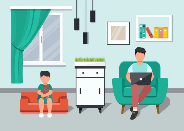 Freelancer. Padre con un niño pequeño trabajando desde casa en un portátil sentado en el sofá. Ministerio del Interior. — Vector de stock