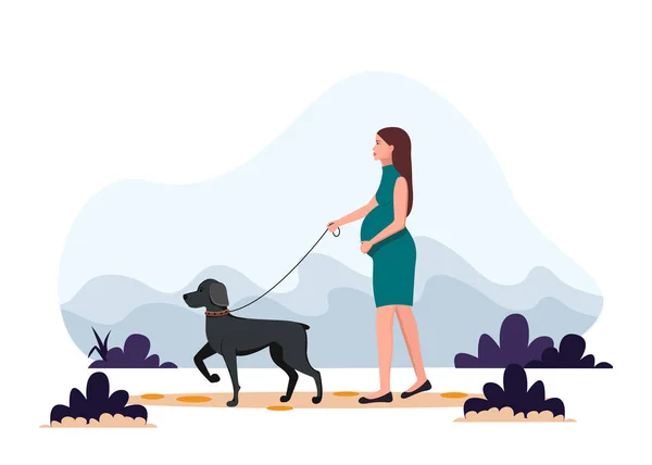 Беременная женщина гуляет с собакой. Векторная иллюстрация в плоском стиле, концептуальная иллюстрация здорового образа жизни, спорт, упражнения — стоковый вектор