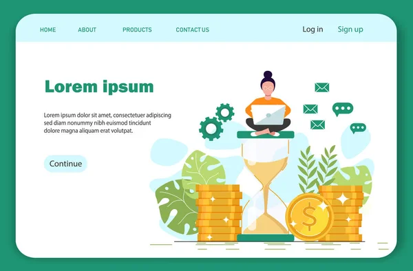 Frau mit Laptop sitzt in der Natur und geht. Freiberufler, die am Laptop arbeiten, Zeit, Geld zu verdienen. Sanduhr, freiberuflich, Geld — Stockvektor