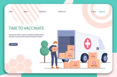 Kamyonetin dışındaki kurye aşı kutularıyla birlikte. Virüs için aşı bulunmuştu. Eczanelere ve eve ilaç teslimatı. Vektör illüstrasyonu.