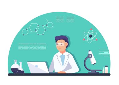 Laboratuvardaki erkek bilim adamı. Laboratuvar araştırmacısı. Laboratuvar önlüklü, camdan yapılmış kimyasallarla izole edilmiş bir bilim adamı.