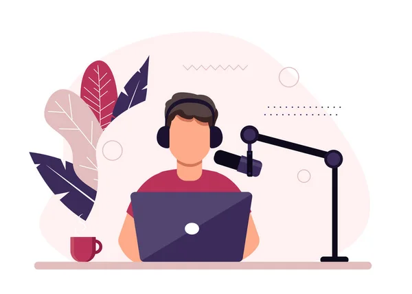 Illustration Concept Podcast Podcaster Masculin Parlant Podcast Enregistrement Microphone Studio — Image vectorielle