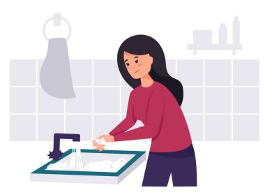 Ellerini lavabo konsepti çiziminde yıkayan bir kadın. Düz tasarımda virüs ve mikropları önleme sağlık hizmetleri.