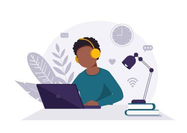 Ev işi kavramı, kulaklıklı ve dizüstü bilgisayarlı siyahi bir adamın evden, öğrenciden ya da serbest çalışmasıydı...