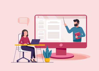 Dizüstü bilgisayar kullanan bir kadın, online eğitim. Evden çalışıyor, uzaktan çalışıyor.