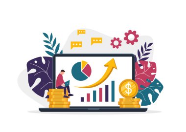 Çevrimiçi para transferi, mobil ödemeler, dizüstü bilgisayar ve sikkelerle vektör illüstrasyon kavramı.