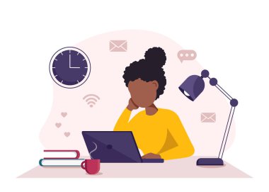 Ev işi kavramı, bilgisayarlı siyahi kadın evden, öğrenciden ya da serbest çalışanlardan.