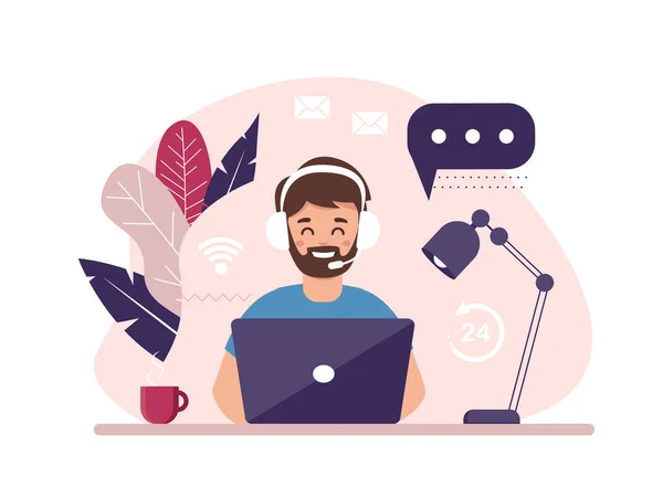 Contacta-nos. Homem com auscultadores e microfone com computador. Ilustração de conceito para suporte, assistência, call center —  Vetores de Stock