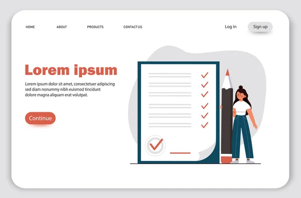 Landing page, Man macht einen Deal-Vertrag, prüft und unterschreibt Darlehensvertrag. Frau mit Stift setzte Unterschrift — Stockvektor