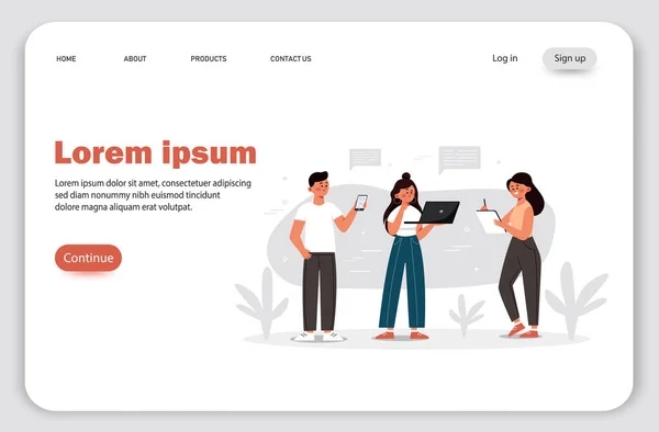 Landing Page, Nutzer digitaler Geräte verbringen Zeit miteinander. Menschen mit Computer, Tablet und Smartphone. Vektor-Illustration für Webbrowsing, Internetsurfen, Public Access Konzept — Stockvektor