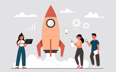 Bir iş projesini roket şeklinde başlatma süreci, planlama ve strateji, zaman yönetimi ve uygulama yoluyla bir fikir. Kuryeleri olan insanlar bir girişim başlatıyorlar.