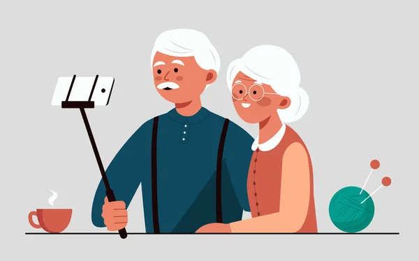 Couple âgé vecteur. Prendre du selfie. Grand-père et grand-mère. face aux émotions. heureux les gens ensemble — Image vectorielle