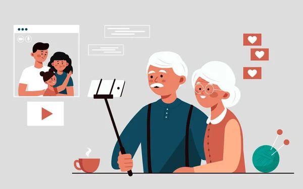 Los abuelos hablan a través de video enlace con la familia. Comunicarse entre sí mediante el uso de Internet a través de vídeo. Ilustración vectorial plana Gráficos Vectoriales