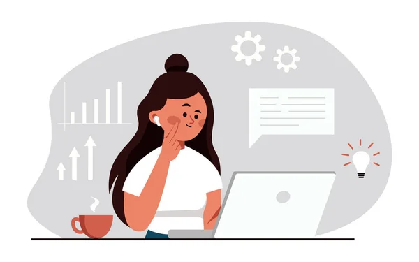 Chica joven sentada en la oficina y trabajando en el ordenador portátil mirando a la pantalla. Mujer de negocios o trabajador de la empresa Ilustración De Stock