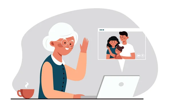 Alte Oma kommuniziert mit Familie per Videokonferenz am Computer mit Kamera. Die Kommunikation untereinander erfolgt über das Internet mittels Video. Flache Vektorabbildung — Stockvektor