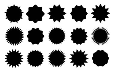 Siyah yıldız çıkartmaları. Özel teklif etiketi, indirimli fiyat etiketi. Boş promo güneş patlaması vektör şablonu ayarlandı
