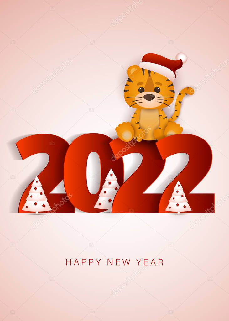 Happy chinese new year 2022 greeting card little tiger year. Cute tiger decorates the christmas tree