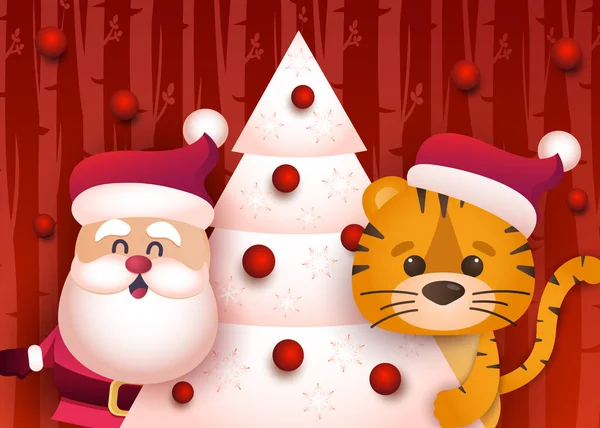 Netter Tiger und Weihnachtsmann schmücken den Weihnachtsbaum.Gratulationsbanner mit chinesischem Neujahrsfest 2022 Jahr des kleinen Tigers. — Stockvektor