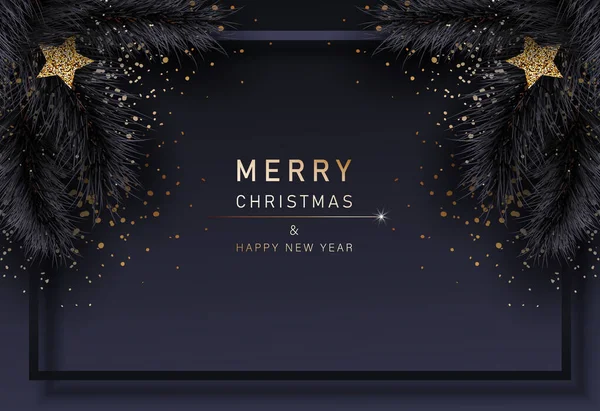 Bannière de Noël glamour avec branches noires de sapin. Joyeux Noël et bonne bannière de nouvelle année — Image vectorielle