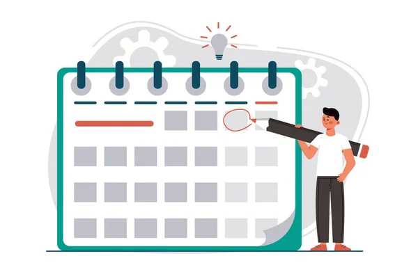 Gestor de planificación de eventos página de destino en estilo plano. Hombre con lápiz fecha de nombramiento del evento y tomando nota en el calendario. Ilustración vectorial para horario, agenda, gestión del tiempo Ilustración De Stock