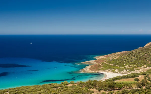 Rekreanty a tyrkysové moře na pláži Bodri na Korsice — Stock fotografie