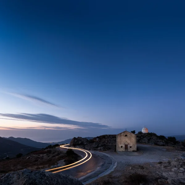 Car light trail around San Sebastiano chapel in Corsica — Stock Photo, Image