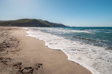 Akdeniz 'den gelen dalgalar Korsika' nın Balagne bölgesindeki Ostriconi 'deki beyaz kumlu plajlara hafifçe vuruyor.