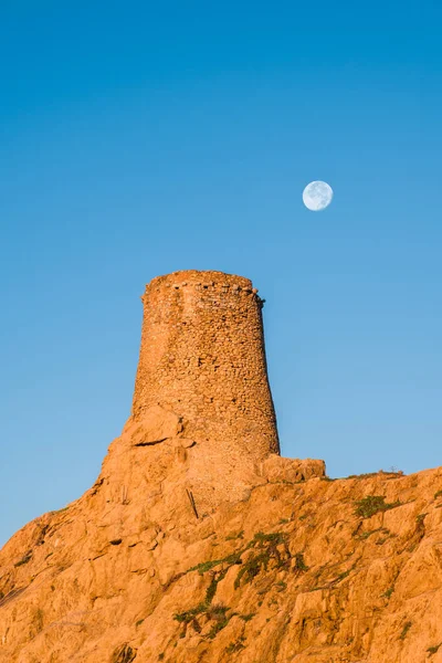 Moon Appearing Ancient Genoese Tower Pietra Red Rock Ile Rousse — Stock Photo, Image