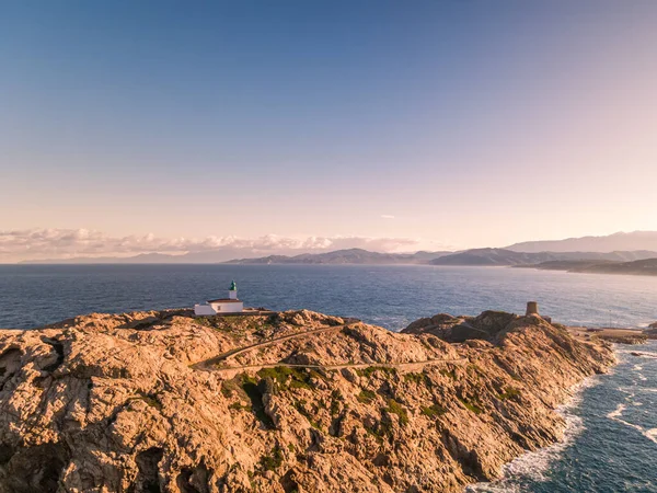 Veduta Aerea Del Sole Mattutino Sul Faro Sulla Torre Genovese — Foto Stock