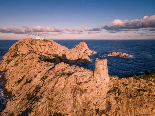 Aerial View Early Morning Sun Lighthouse Genoese Tower Pietra Ile — Stock Photo, Image