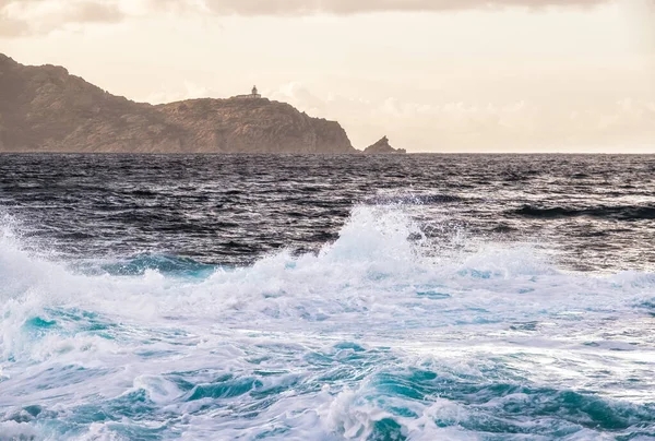 Stormy Mediterranean Sea Punta Caldanu Lumio Balagne Region Corsica Lighthouse — Stock Photo, Image