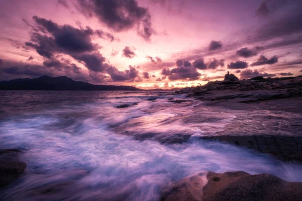 Beautiful Sunset Ancient Genoese Tower Waves Crash Rocky Coastline Punta — Stock Photo, Image