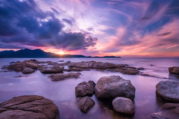 Beautiful Sunset Citadel Aby Calvi Rocky Mediterranean Coastline Foregroaund — Stock Photo, Image