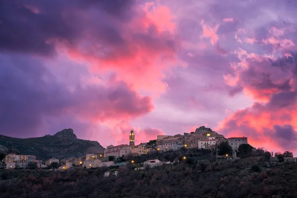 Dramatic Sunset Ancient Mountain Village Speloncato Balagne Region Corsica — Stock Photo, Image