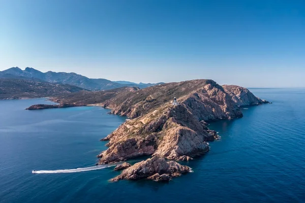 Aerial View Boat Passing Revellata Lighthouse Rocky Promontory Calvi Balagne — Stock Photo, Image