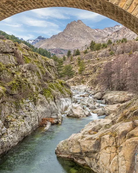 Bridge over Golo river with Mount Albanu in distance — Stock Photo, Image