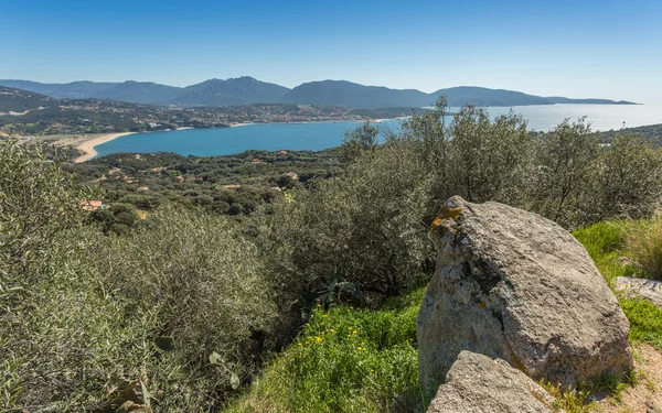 Ranta Propriano Korsikalla lohkareita etualalla — kuvapankkivalokuva