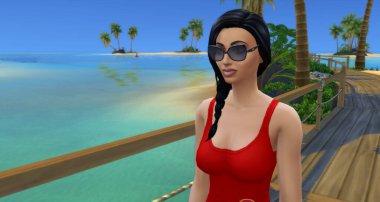 Okyanus kıyısında kırmızı mayo giymiş bir kadın. Deniz kenarında kırmızı bikinili esmer bir kadın. 3d resim, el çizimi resim