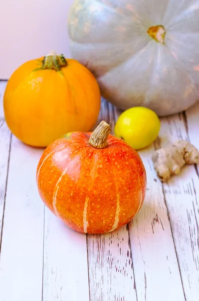 Pumpkins on a white wooden background — Stock Photo, Image