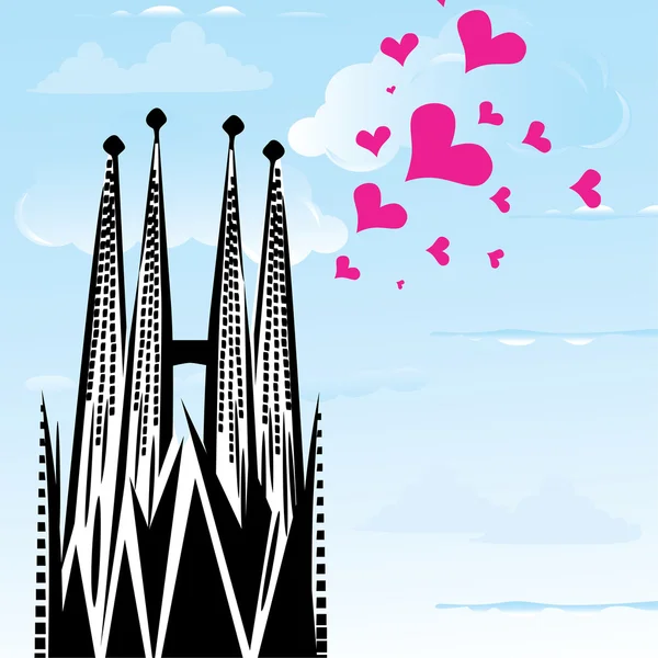 I love town city Barcelona, Spain, vector heart illustration of Sagrada Familia — Stock Vector