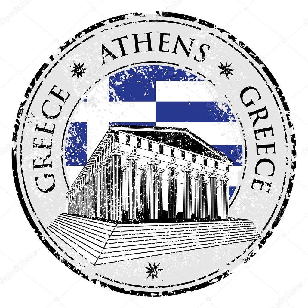 Blue grunge rubber stamp with the Parthenon shape from Greece and the name Greece written inside the stamp 