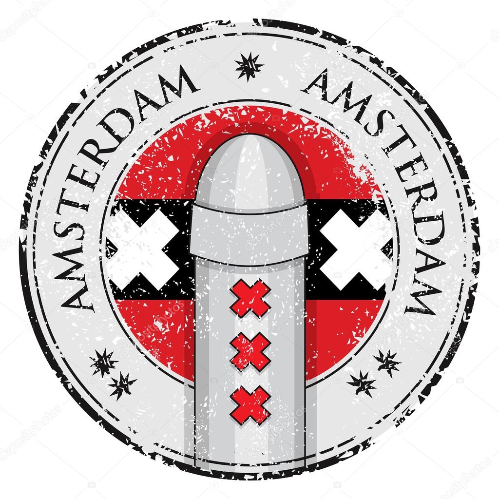 Grunge stamp with bollard symbol of Amsterdam and flag