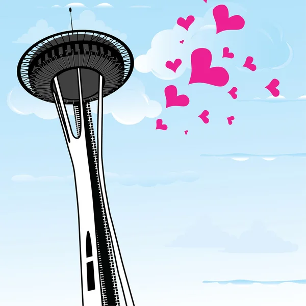 Famous Space Needle an observation tower of Seattle, Washington, and a lot of hearts as symbol of love to the Seattle. Vector illustration. — Stockový vektor