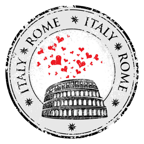 Грэмми любит печать сердца с Колизеем и словом Рим, Италия внутри, векторная иллюстрация путешествия
 