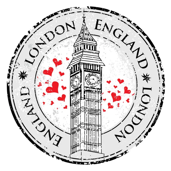 Grunge love heart stamp London Great Britain, Big Ben tower vector — Stock Vector