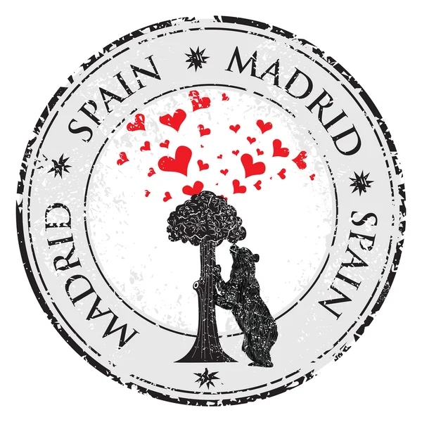 Love Heart Stempel mit Bären- und Erdbeerstatue und den Worten Madrid, Spanien innen, Vektorillustration — Stockvektor