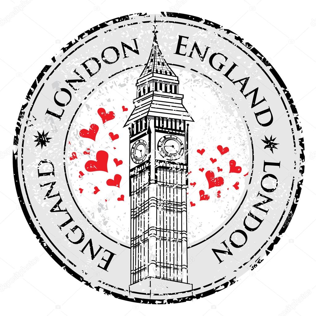 Grunge love heart stamp London Great Britain, Big Ben tower vector