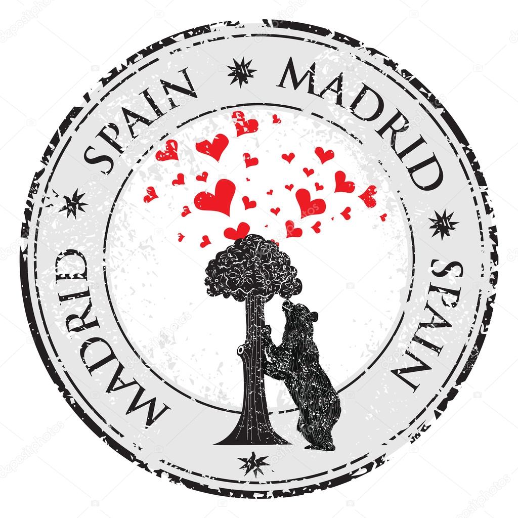 Love heart stamp with statue of Bear and strawberry tree and the words Madrid, Spain inside, vector illustration 